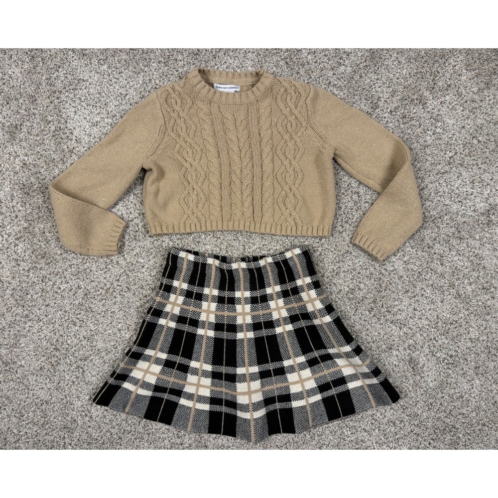 Cupcakes and Cashmere Sweater Skirt‎ Set Kids 5/6 Tan Black Cable Plaid